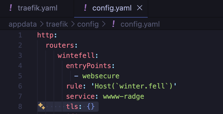 Traefik router config with tls highlighted