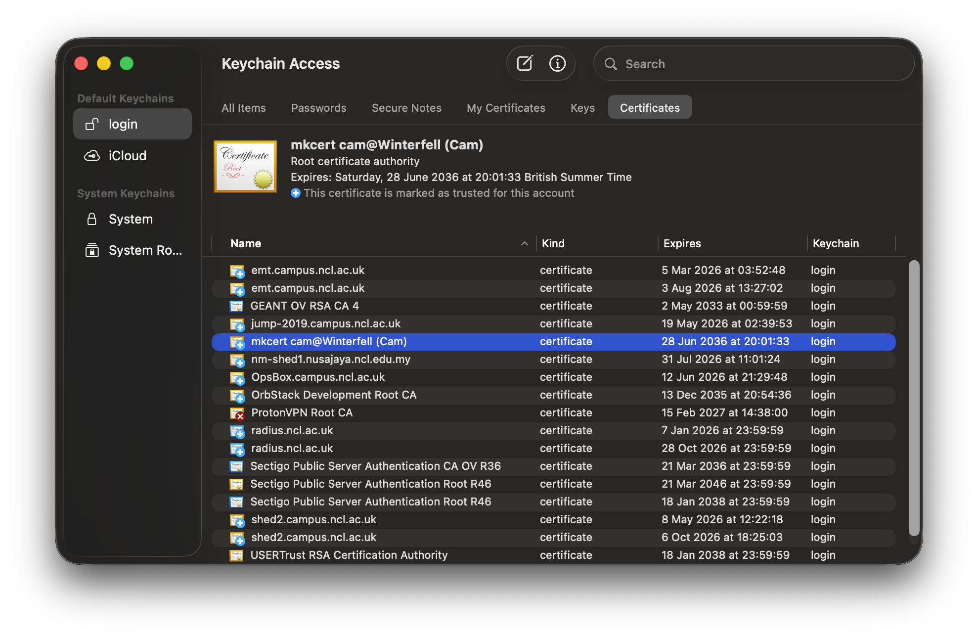macOS Keychain trust settings for the mkcert root CA