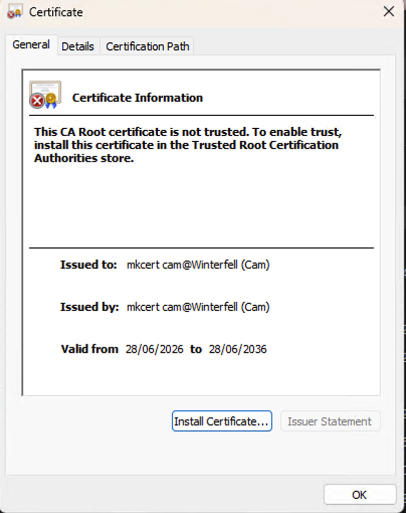 Windows certificate import wizard completion screen
