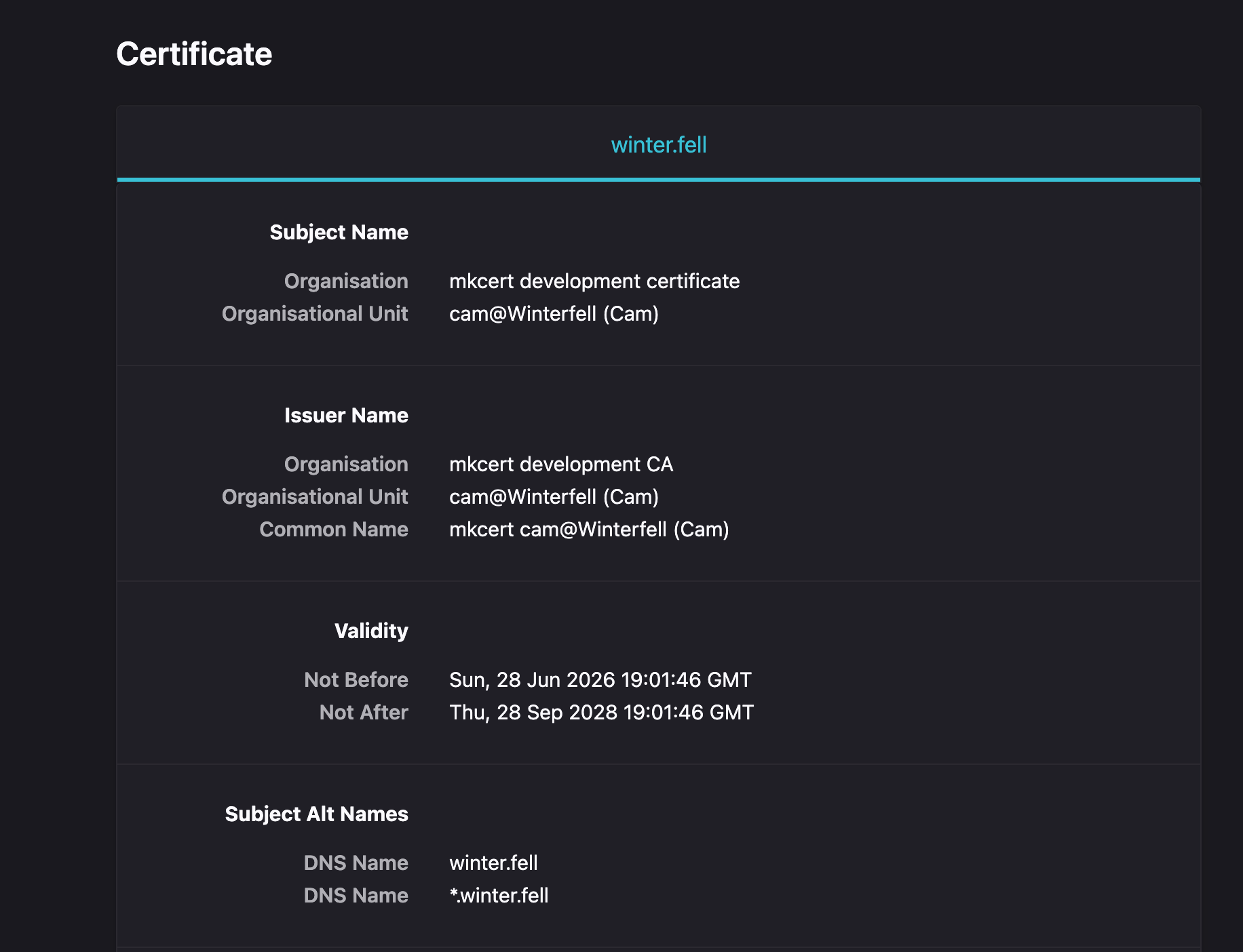 Browser certificate details for winter.fell issued by mkcert