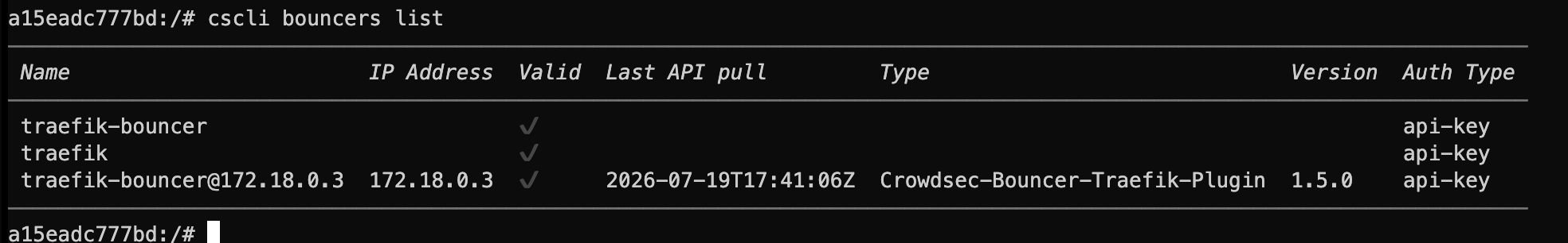 CrowdSec bouncer list showing the Traefik bouncer