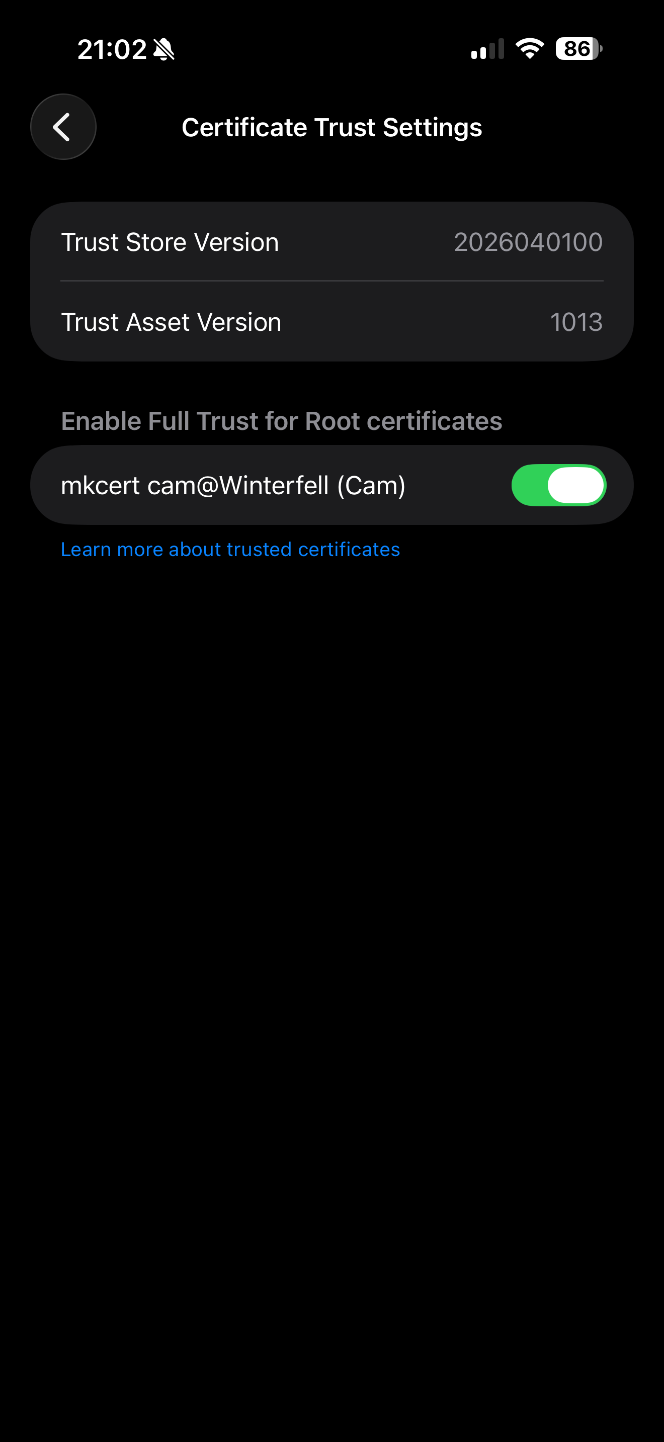 iOS Certificate Trust Settings with full trust enabled