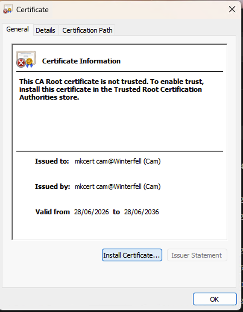 Windows certificate dialog with Install Certificate
