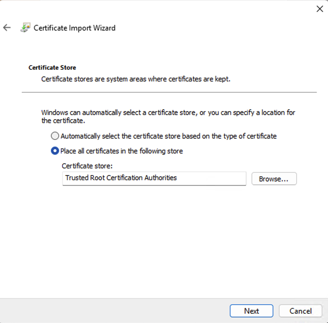 Windows certificate import wizard selecting Trusted Root Certification Authorities