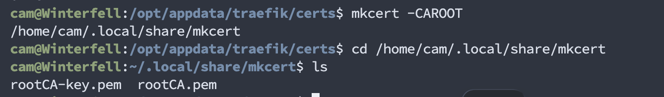 Finding the mkcert CA root directory and listing rootCA.pem